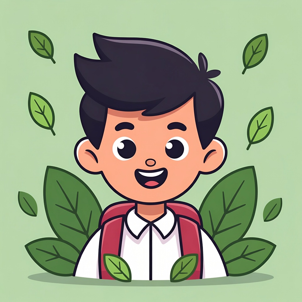 Cartoon boy with backpack and leaves Cartoon boy with backpack and leaves