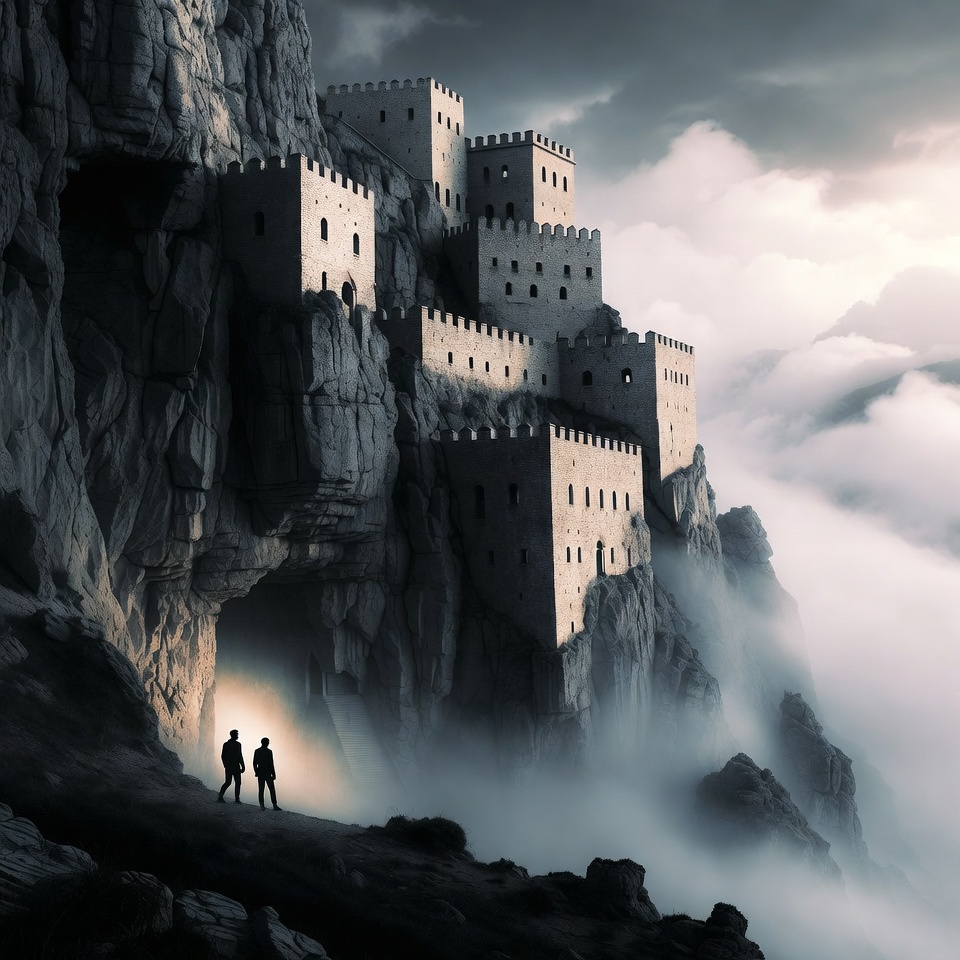 Two Men Before Cliffside Castle in Fog Two Men Before Cliffside Castle in Fog