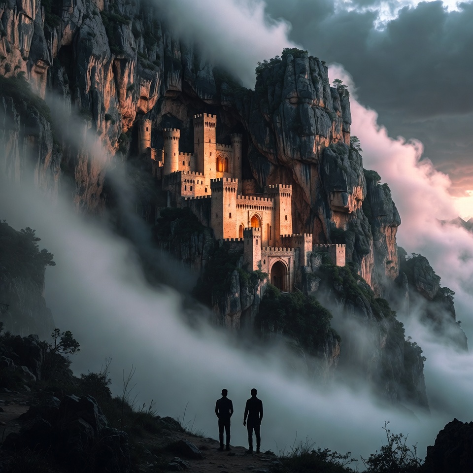 Two Men Viewing Castle on Cliff Two Men Viewing Castle on Cliff