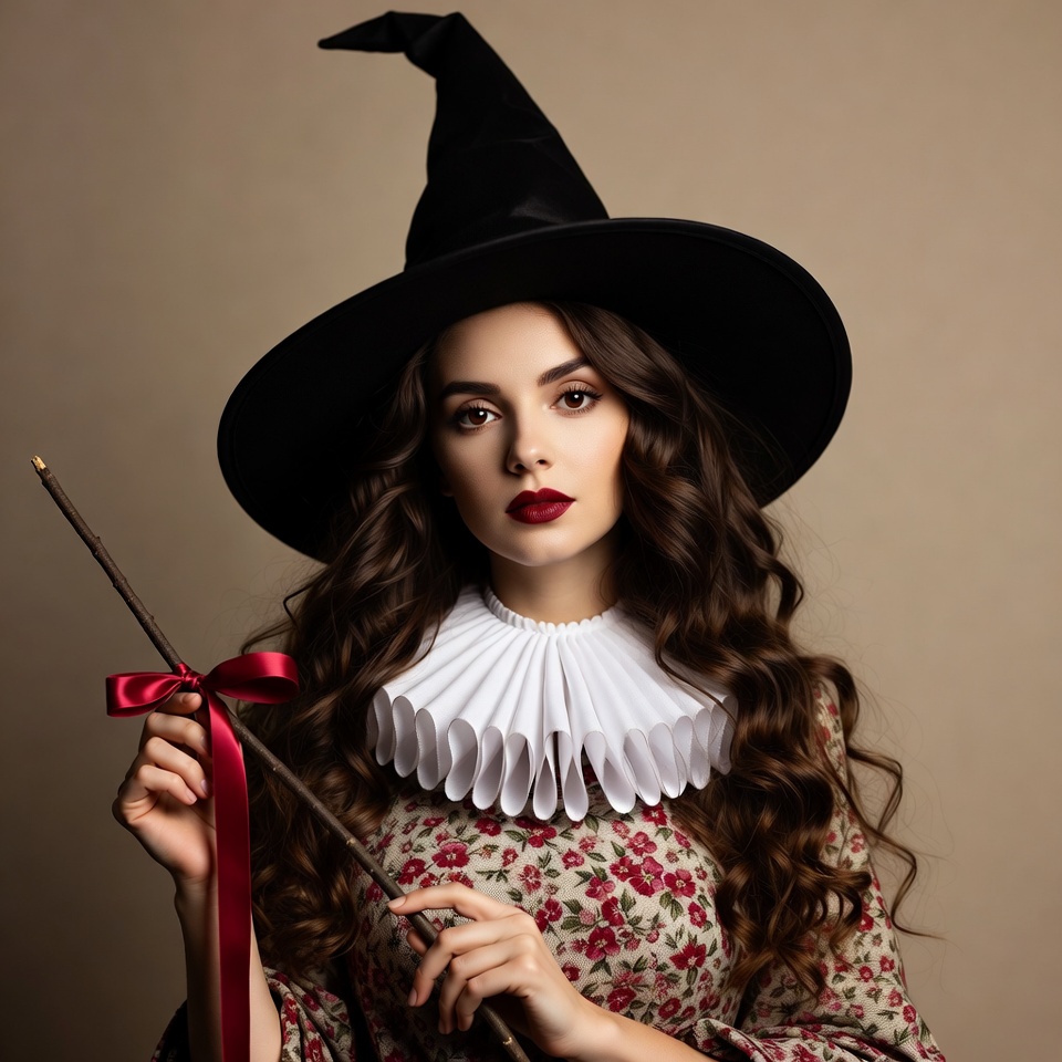 Woman in witch hat holding wand Woman in witch hat holding wand