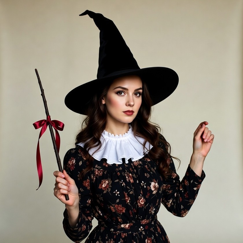 Woman in black witch hat holding wand Woman in black witch hat holding wand