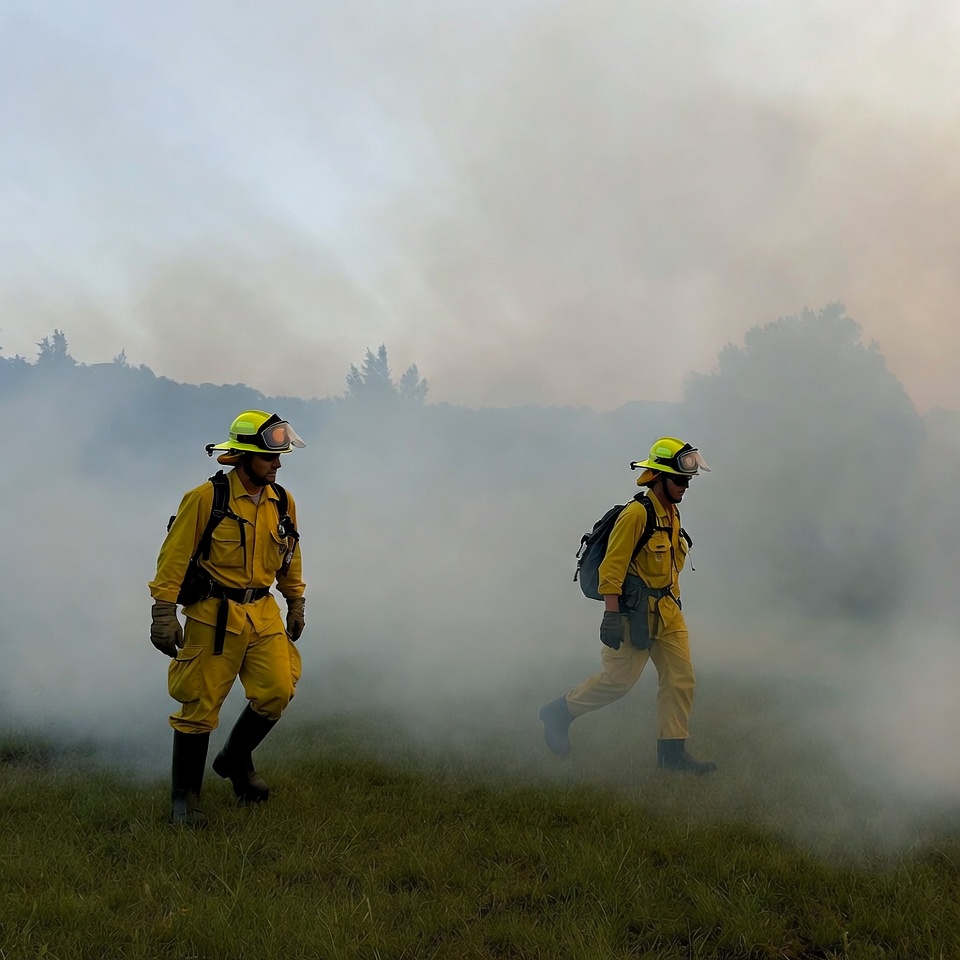 Firefighters walking through wildfire smoke Firefighters walking through wildfire smoke