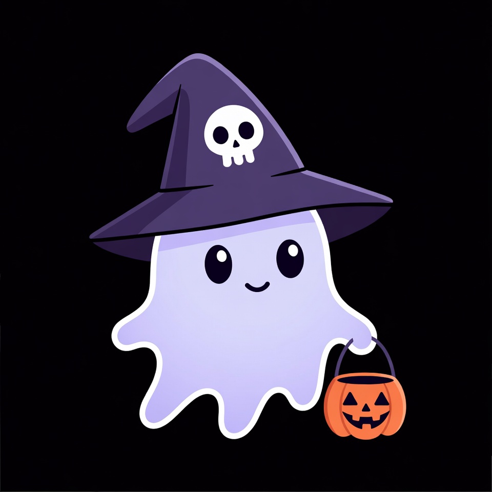 Cute Ghost Wearing Witch Hat Holding Pumpkin Bucket Cute Ghost Wearing Witch Hat Holding Pumpkin Bucket