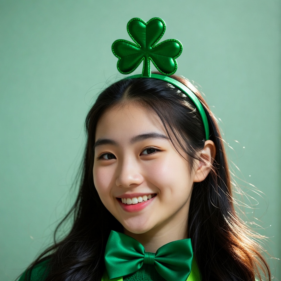 Asian girl wearing shamrock headband Asian girl wearing shamrock headband