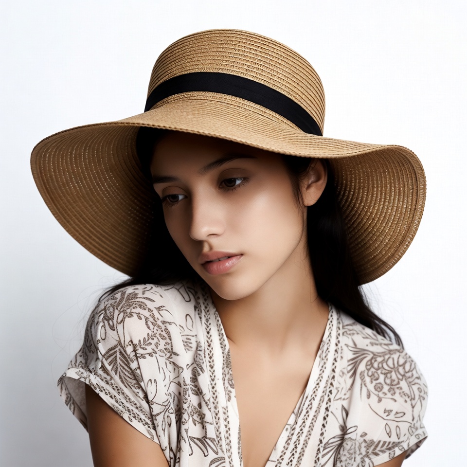 Woman wearing wide-brim straw hat Woman wearing wide-brim straw hat