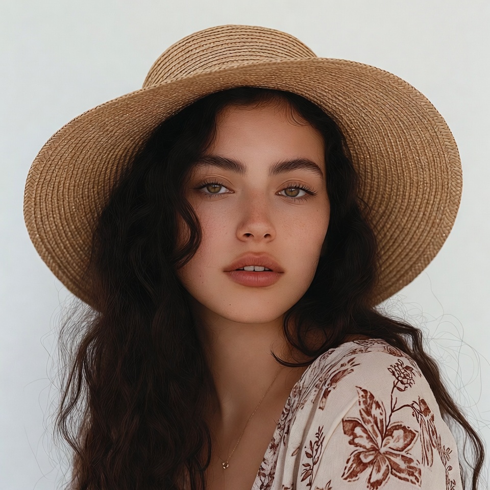 Woman wearing wide-brim straw hat Woman wearing wide-brim straw hat