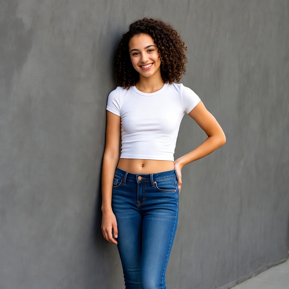 Smiling curly-haired girl against gray wall Smiling curly-haired girl against gray wall