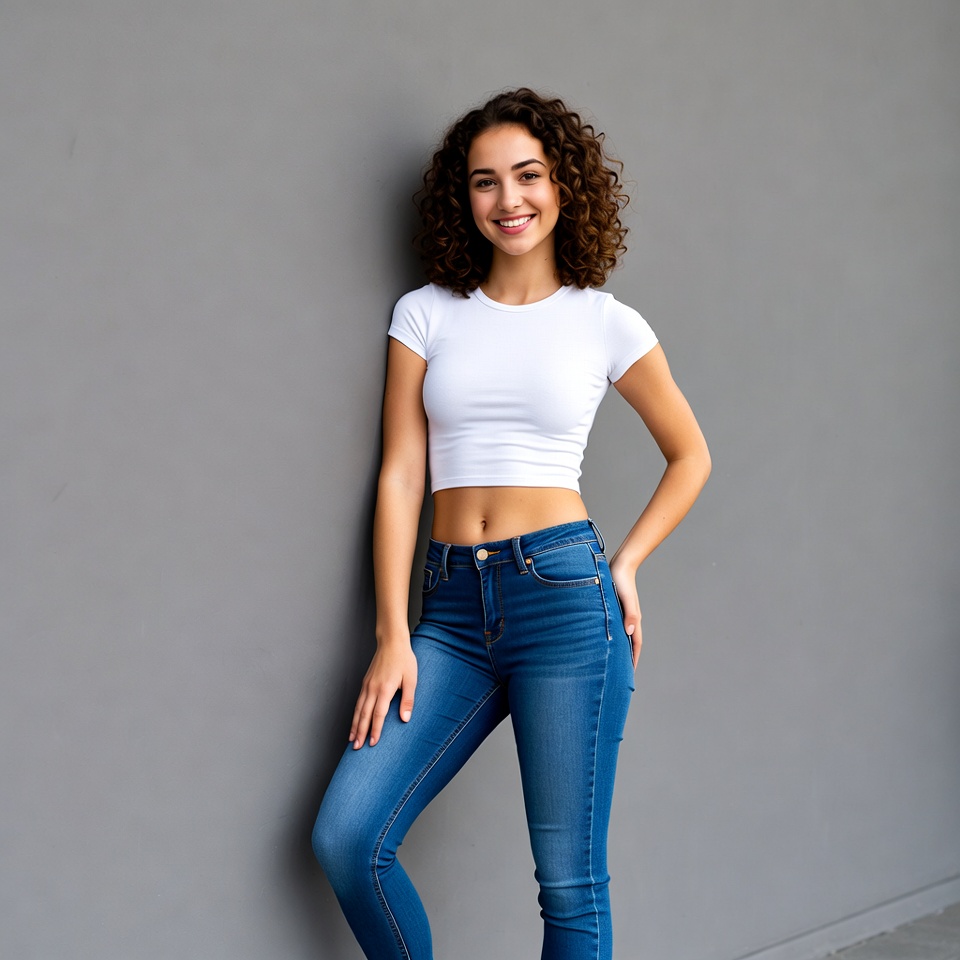 Smiling curly-haired woman in white crop top Smiling curly-haired woman in white crop top