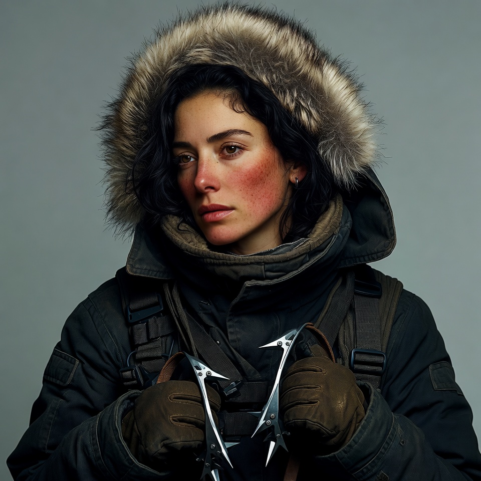 Woman holding ice axes in parka Woman holding ice axes in parka