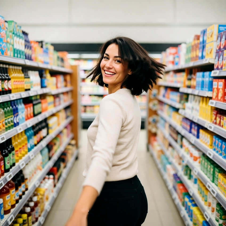 Smiling woman walking in supermarket aisle Smiling woman walking in supermarket aisle