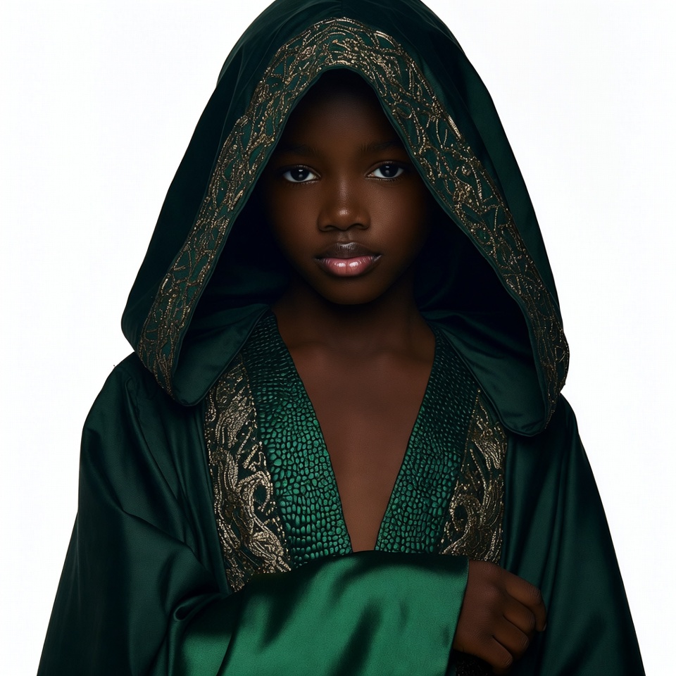 African girl in green hooded robe African girl in green hooded robe