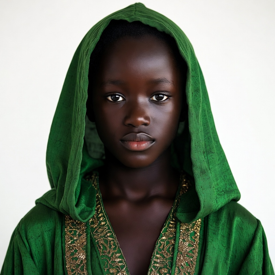 African girl in green hooded robe African girl in green hooded robe