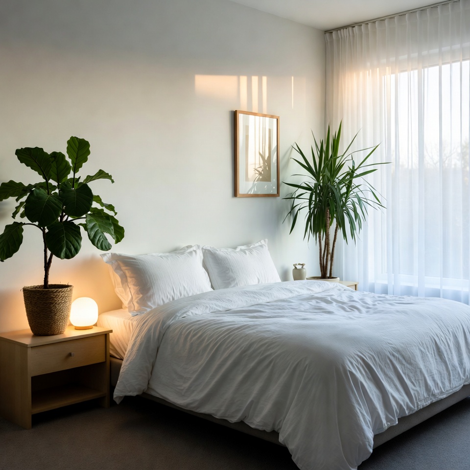 Cozy Bedroom with White Bed and Plants Cozy Bedroom with White Bed and Plants