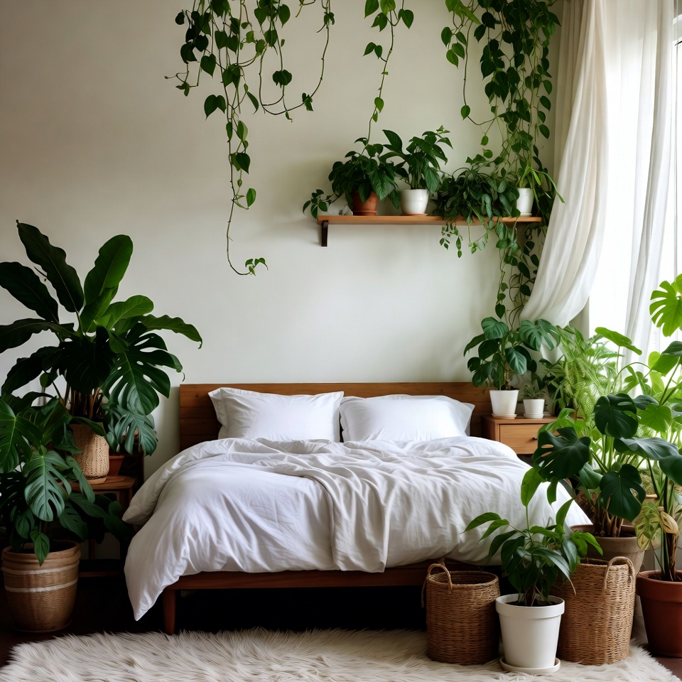 Bedroom with lush green plants Bedroom with lush green plants