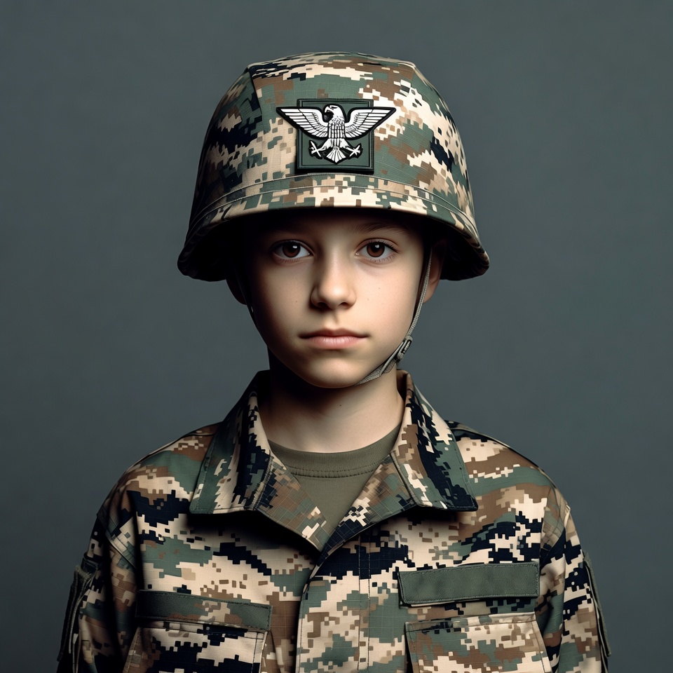 Boy wearing camouflage army helmet Boy wearing camouflage army helmet