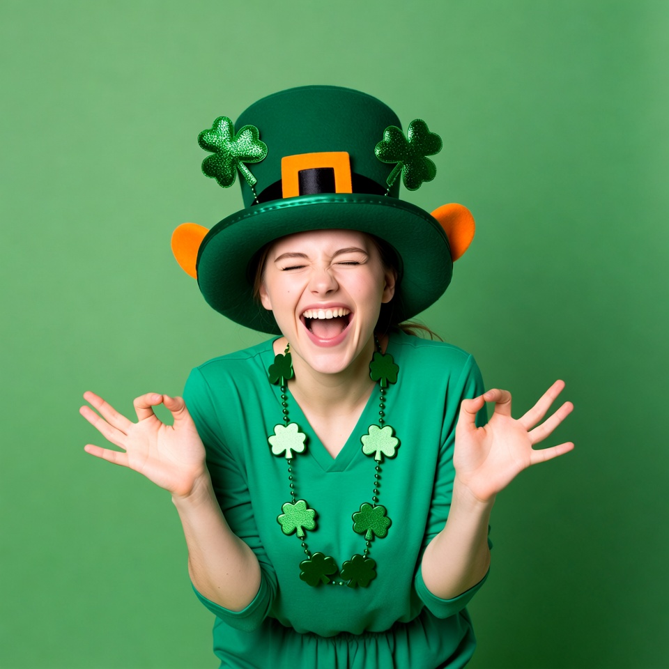 Woman laughing in St. Patrick's Day hat Woman laughing in St. Patrick's Day hat