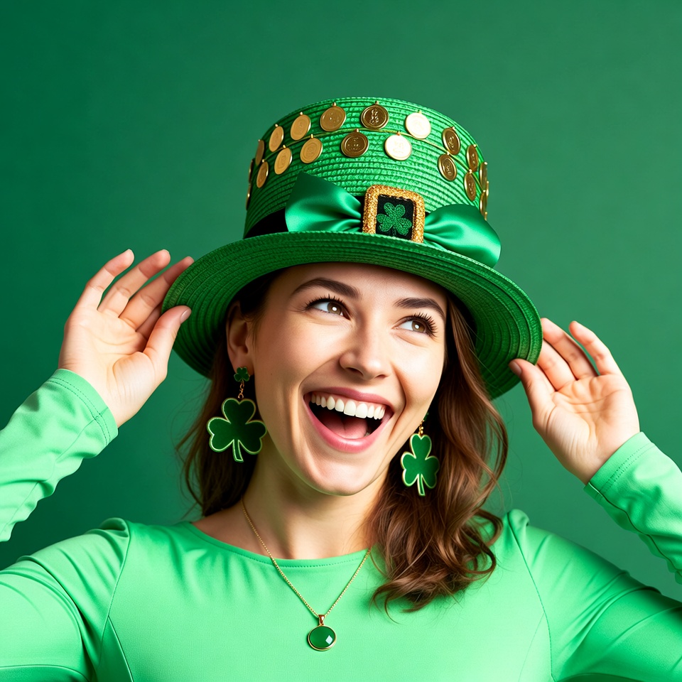 Woman wearing shamrock St. Patrick's hat Woman wearing shamrock St. Patrick's hat