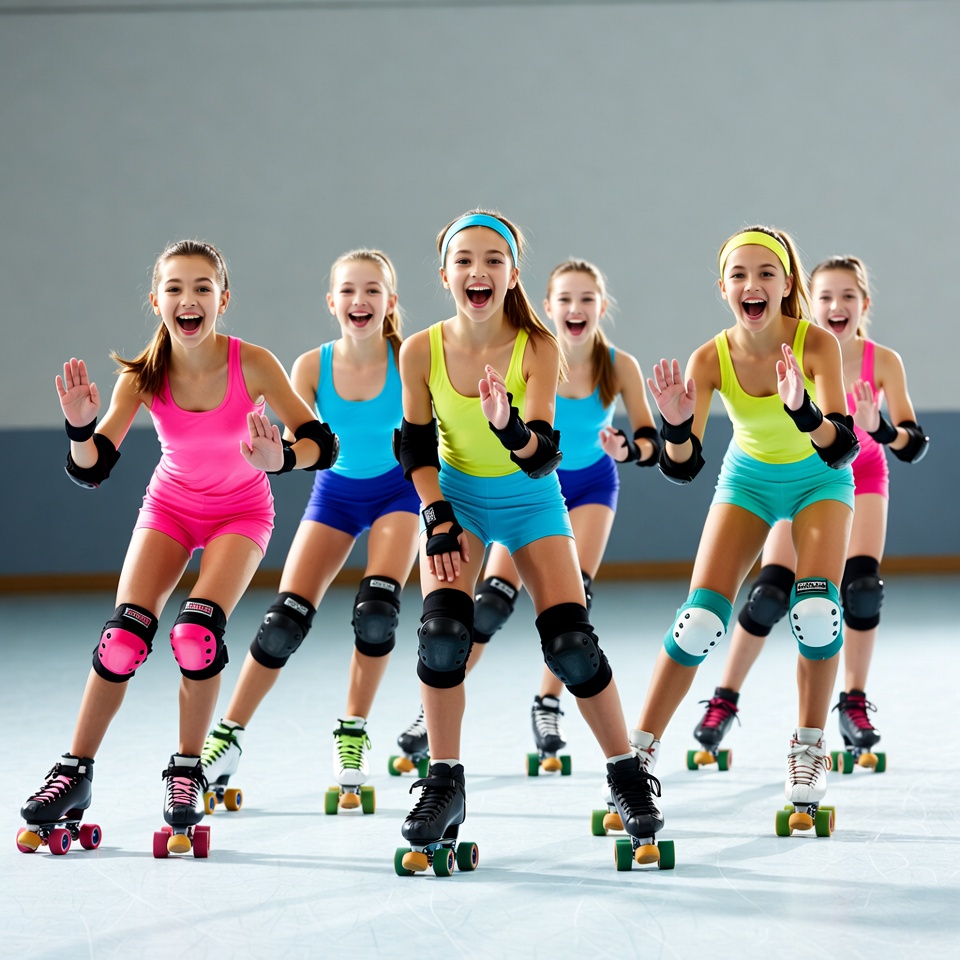 Girls Roller Skating in Gym Girls Roller Skating in Gym