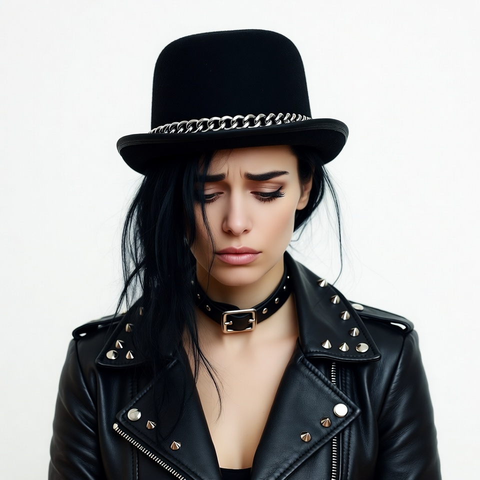 Woman in black studded leather jacket and hat Woman in black studded leather jacket and hat