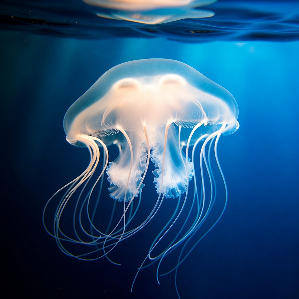 Translucent Jellyfish in Deep Blue Water Translucent Jellyfish in Deep Blue Water