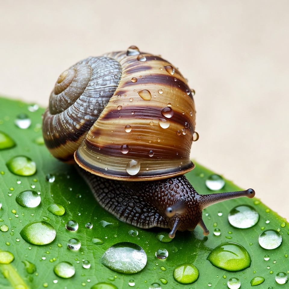 Snail on dewy green leaf Snail on dewy green leaf