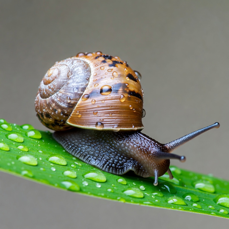 Snail on dewy green leaf Snail on dewy green leaf