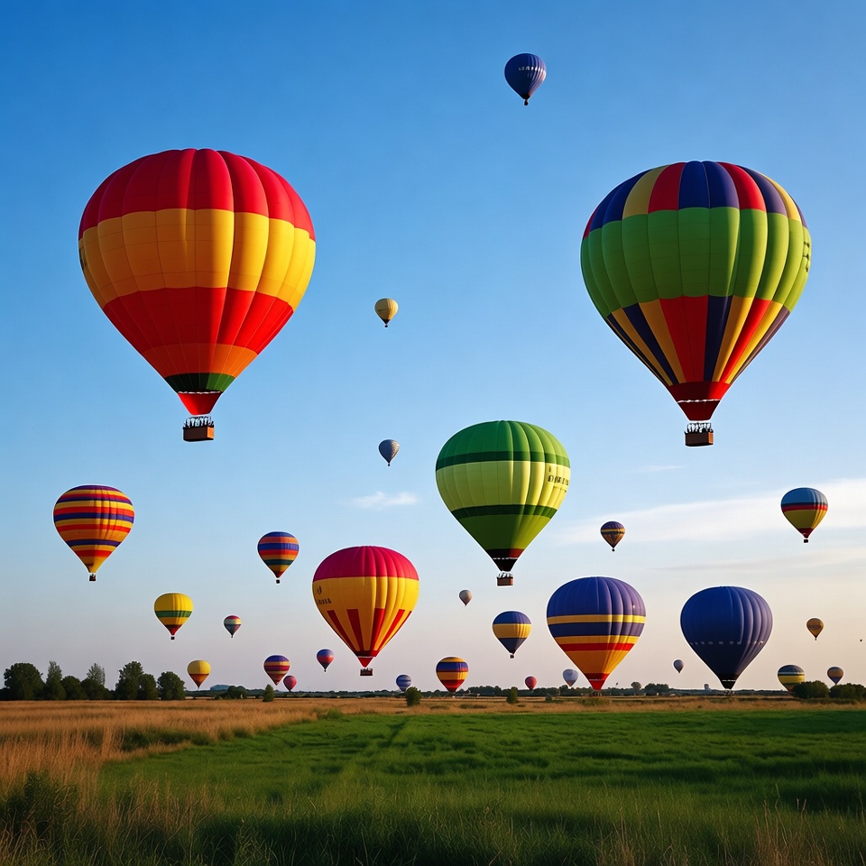 Colorful Hot Air Balloons Over Field Colorful Hot Air Balloons Over Field