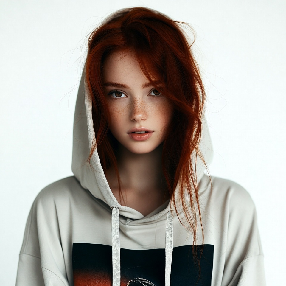 Redhead woman in hoodie with freckles Redhead woman in hoodie with freckles