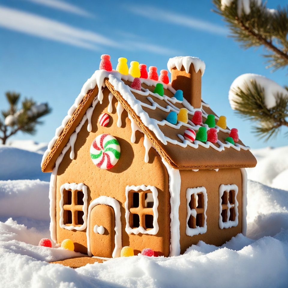 Gingerbread house in snowy landscape Gingerbread house in snowy landscape