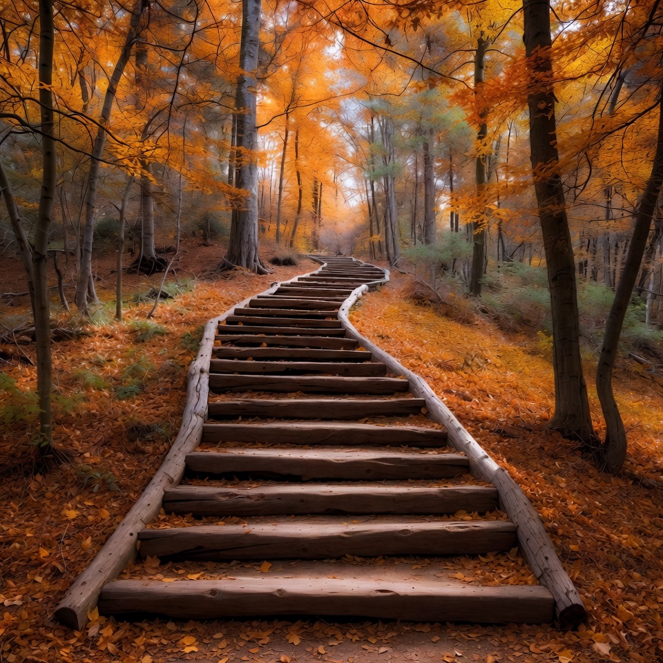 Wooden Stairs in Autumn Forest Wooden Stairs in Autumn Forest