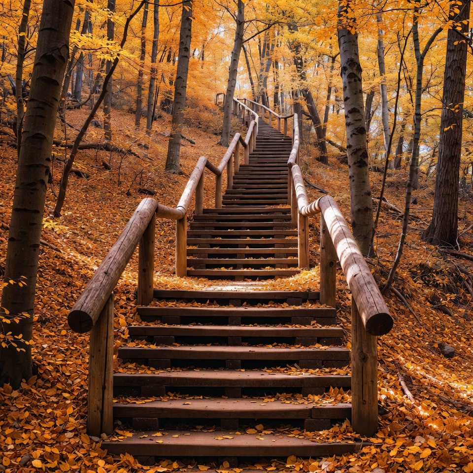 Wooden Stairs in Autumn Forest Wooden Stairs in Autumn Forest