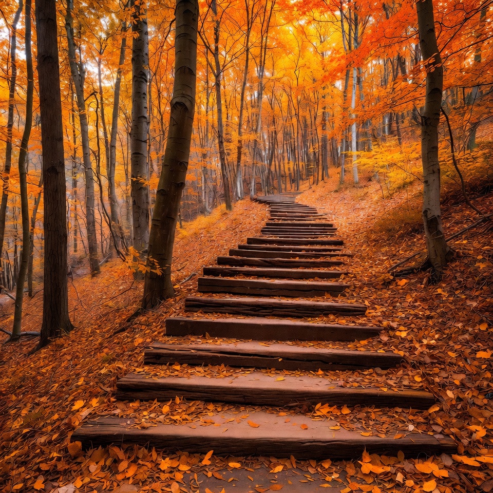 Wooden Path in Autumn Forest Wooden Path in Autumn Forest