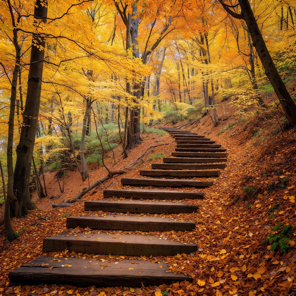 Wooden Stairs in Autumn Forest Wooden Stairs in Autumn Forest