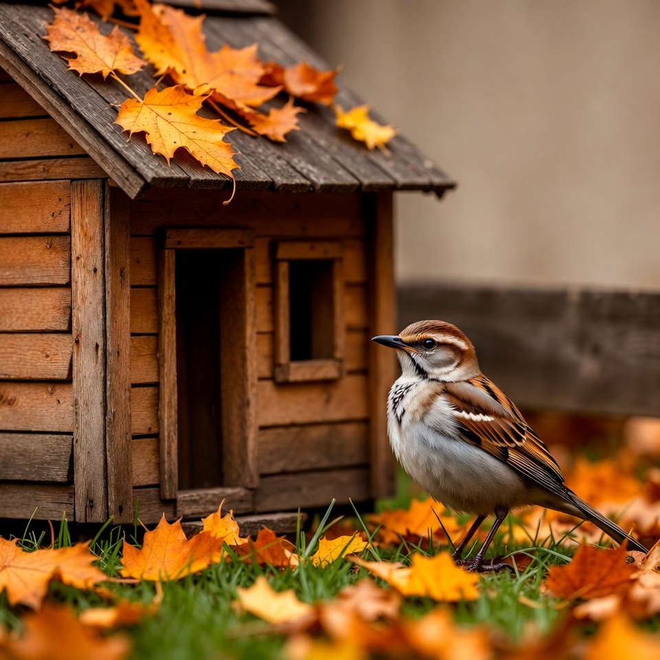 Sparrow perched near autumn birdhouse Sparrow perched near autumn birdhouse