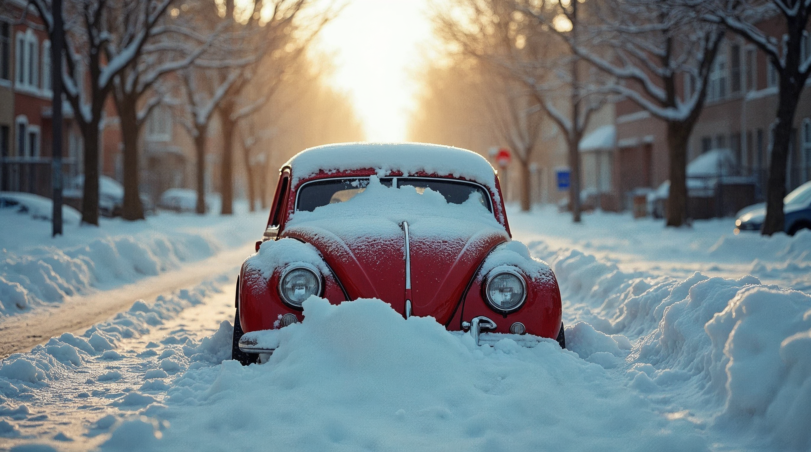 Red VW Beetle in Snowy Street Red VW Beetle in Snowy Street