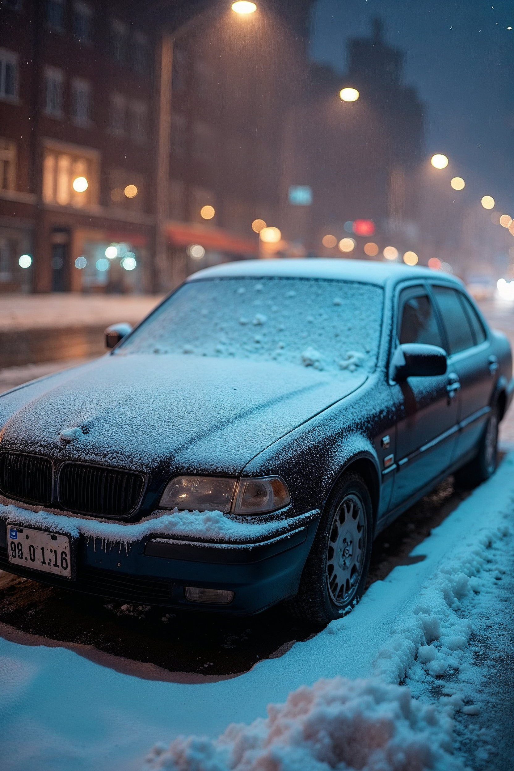 Snow-covered BMW parked on snowy street Snow-covered BMW parked on snowy street