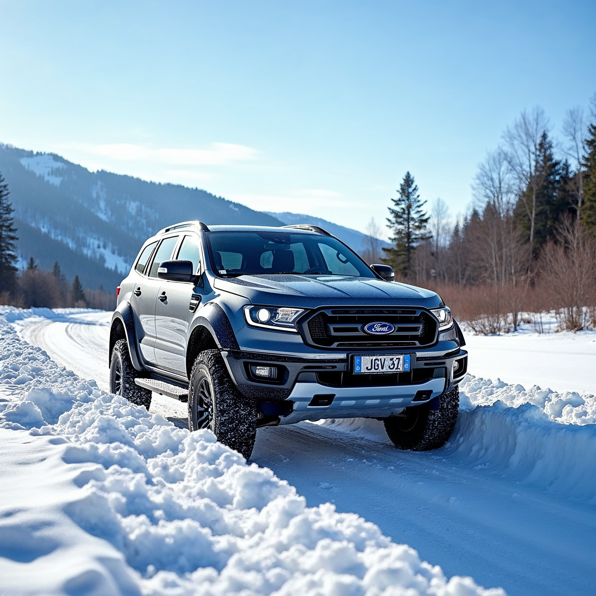 Ford Ranger Raptor Driving Snowy Mountain Road Ford Ranger Raptor Driving Snowy Mountain Road