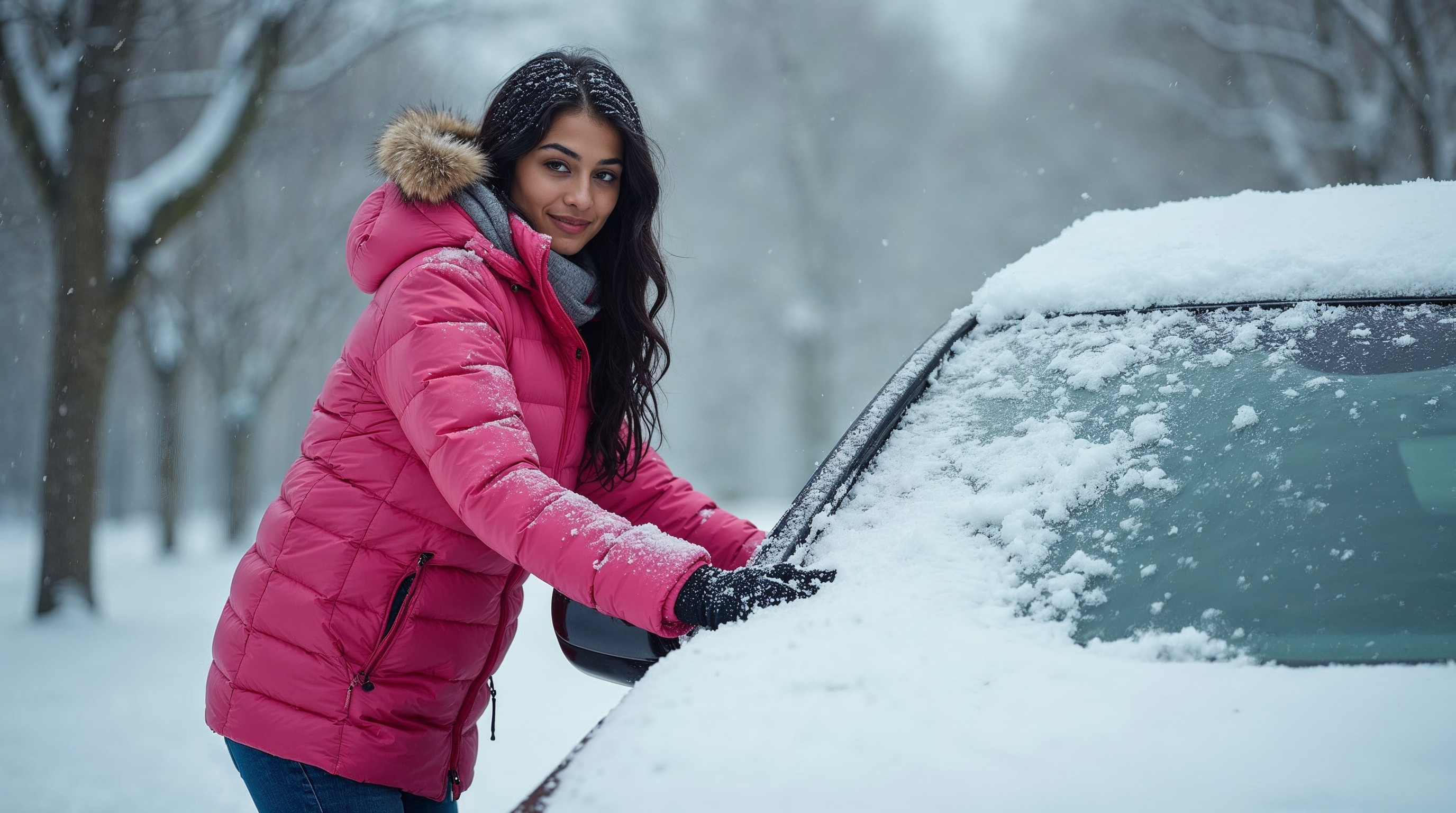 Woman clearing snow off car windshield Woman clearing snow off car windshield