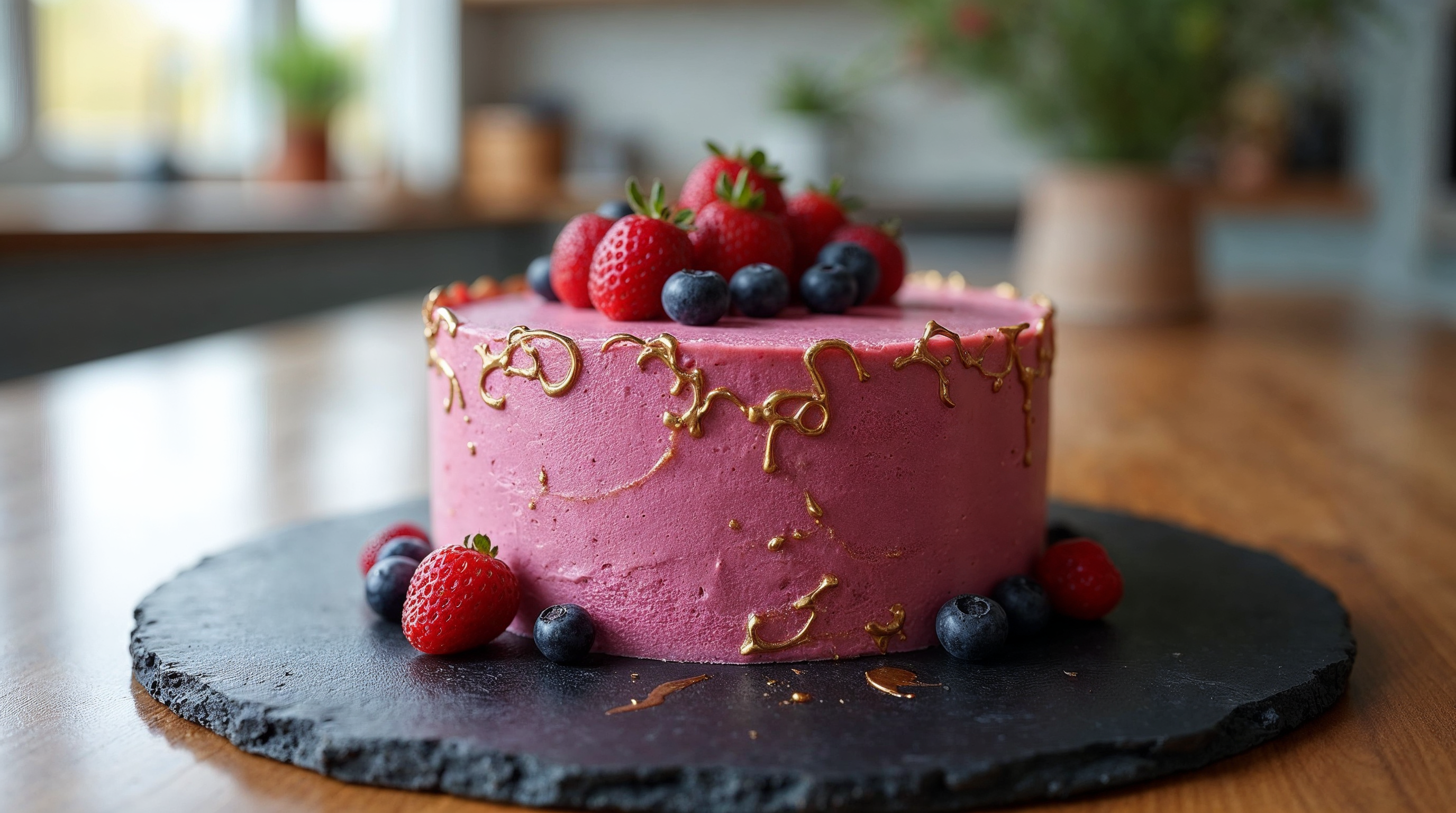 Pink cake with strawberries and blueberries Pink cake with strawberries and blueberries