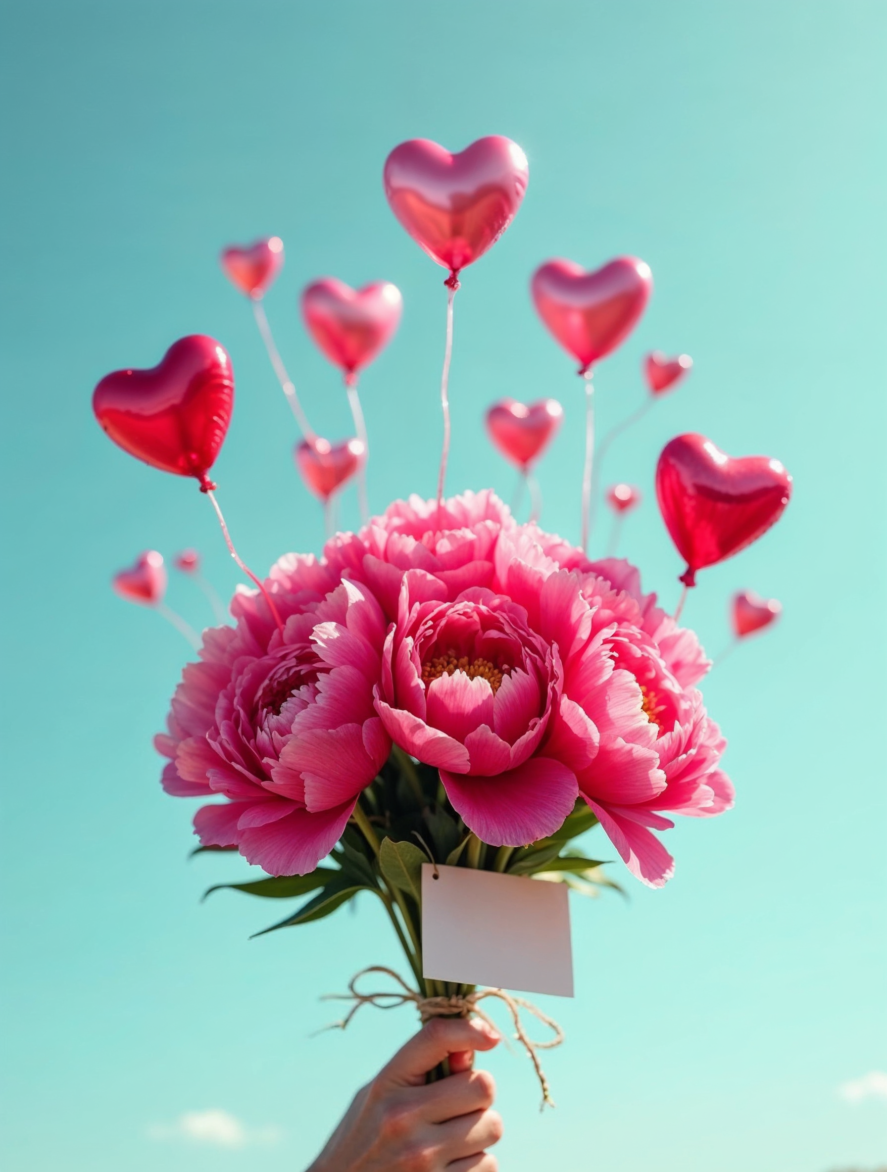 Pink Peonies Bouquet with Heart Balloons Pink Peonies Bouquet with Heart Balloons