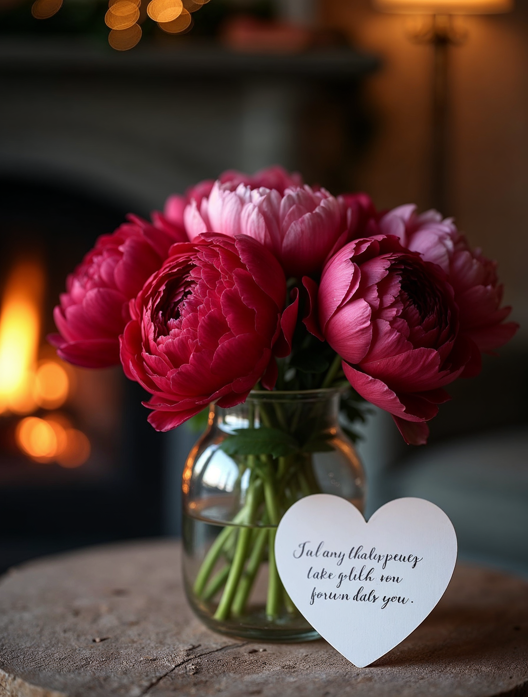 Pink peonies in jar by fireplace Pink peonies in jar by fireplace