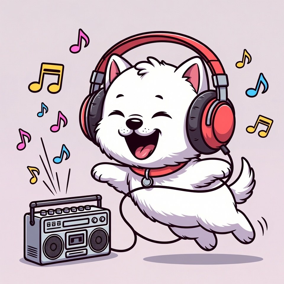 Cartoon white puppy dancing with headphones Cartoon white puppy dancing with headphones