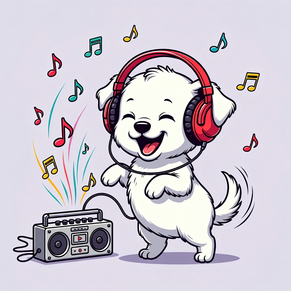 White puppy dancing with headphones White puppy dancing with headphones