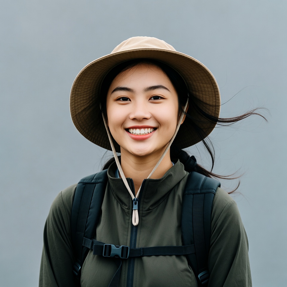 Asian woman in hat with backpack Asian woman in hat with backpack