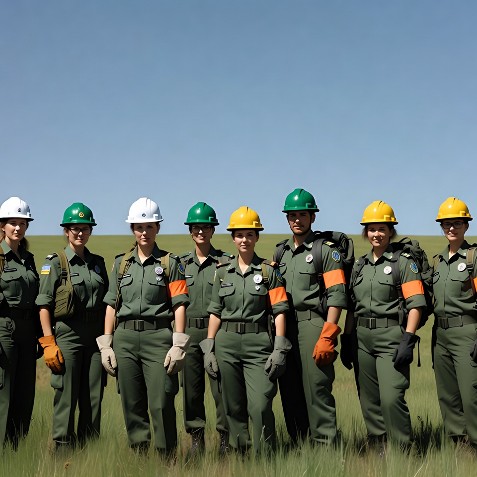 Group of women in green uniforms and hard hats Group of women in green uniforms and hard hats