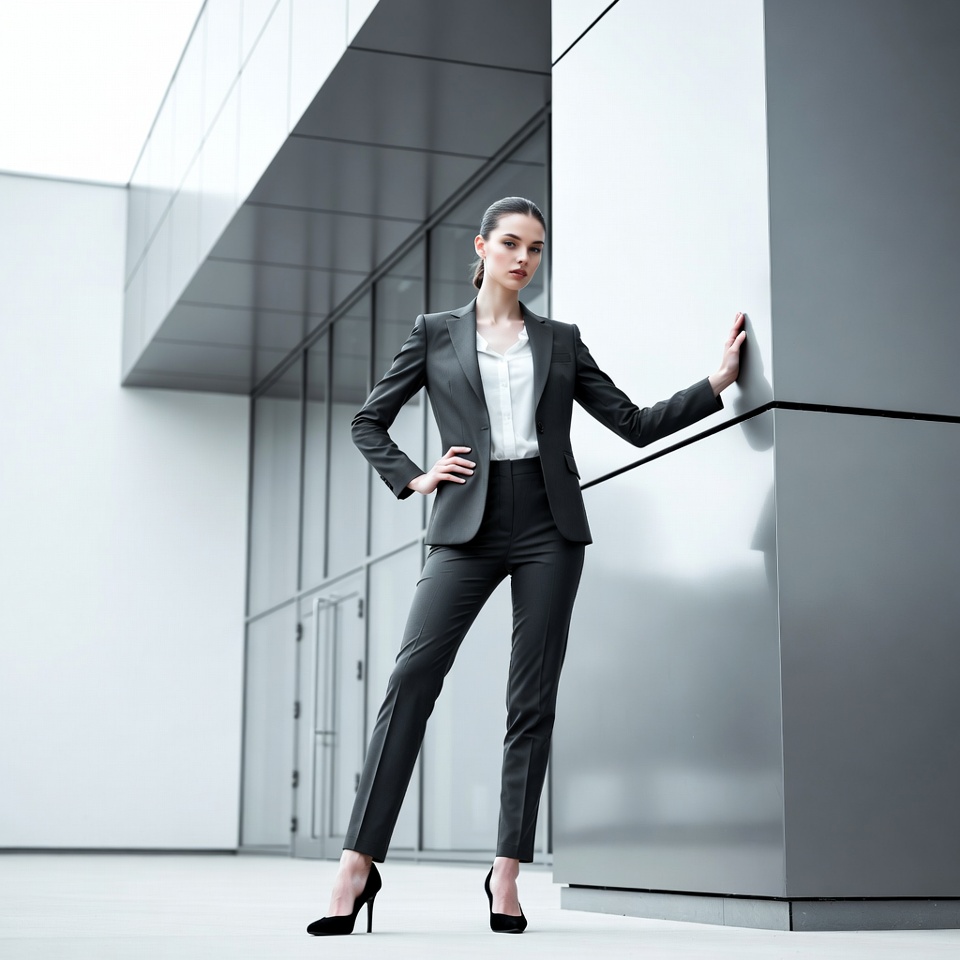 Woman in gray suit leaning on building Woman in gray suit leaning on building