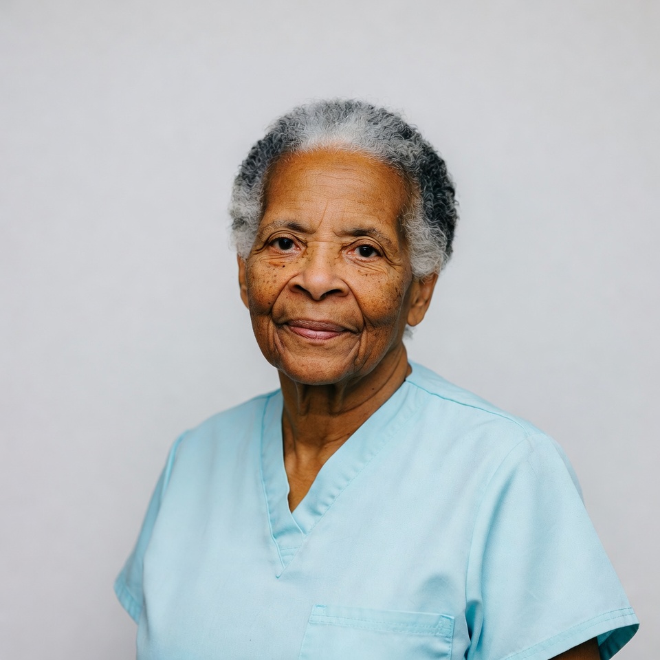Elderly African-American woman in scrubs Elderly African-American woman in scrubs
