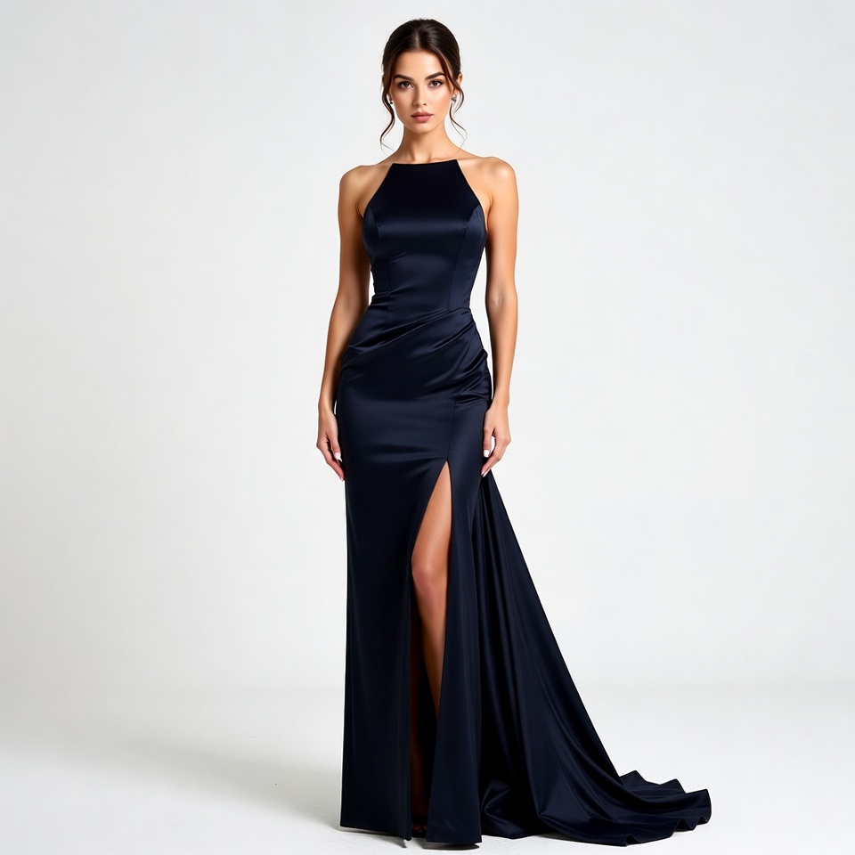 Woman in black satin slit gown Woman in black satin slit gown