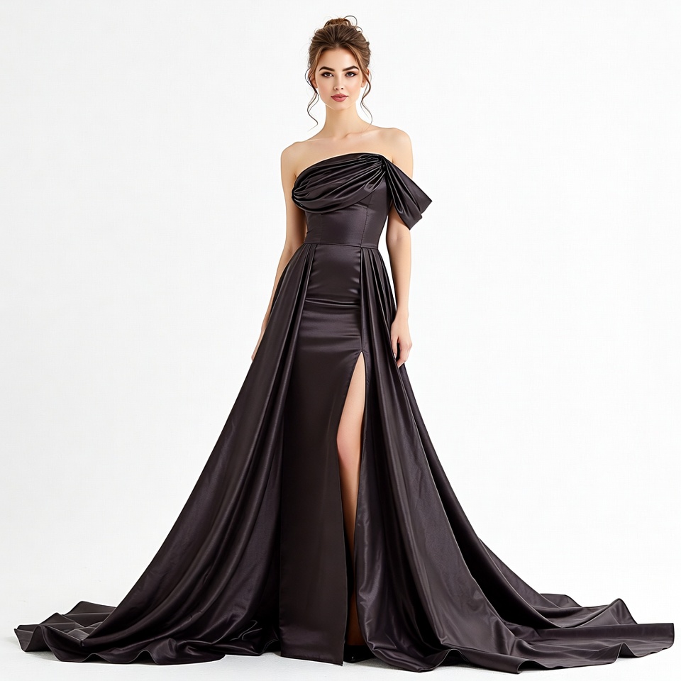 Woman in black draped evening gown Woman in black draped evening gown