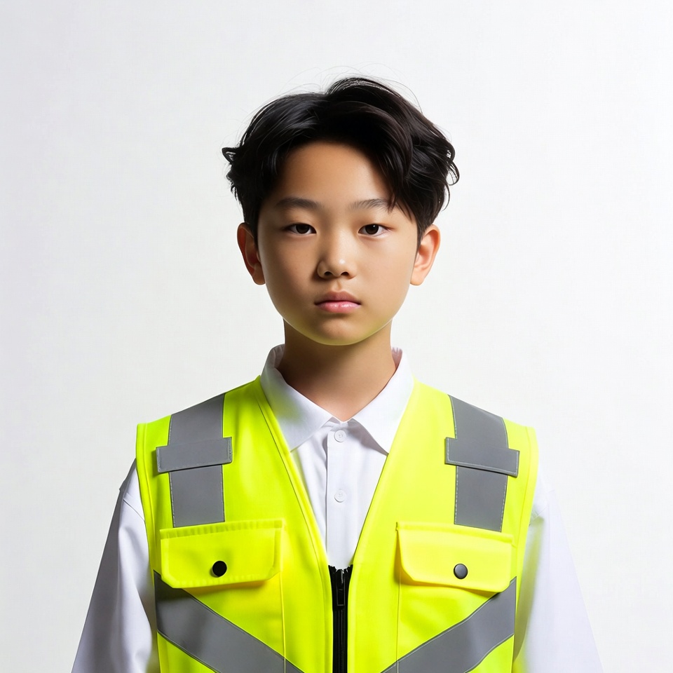 Asian boy in yellow safety vest Asian boy in yellow safety vest